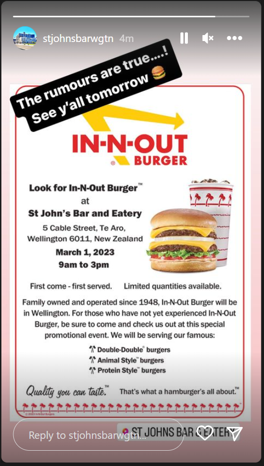 InNOut Burger is popping up in Wellington for one day what's all