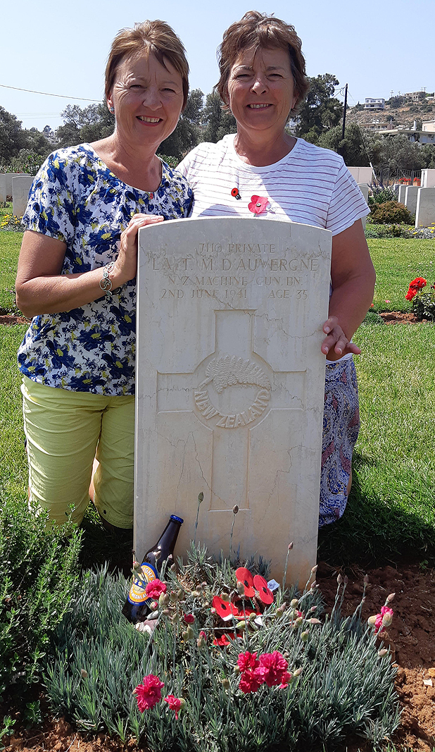 Rosa Westgarth, of Timaru, and her Wanaka-based sister Jan Gibson, visit their great uncle Ted d'Auvergne's grave at the Souda Bay Cemetery.
